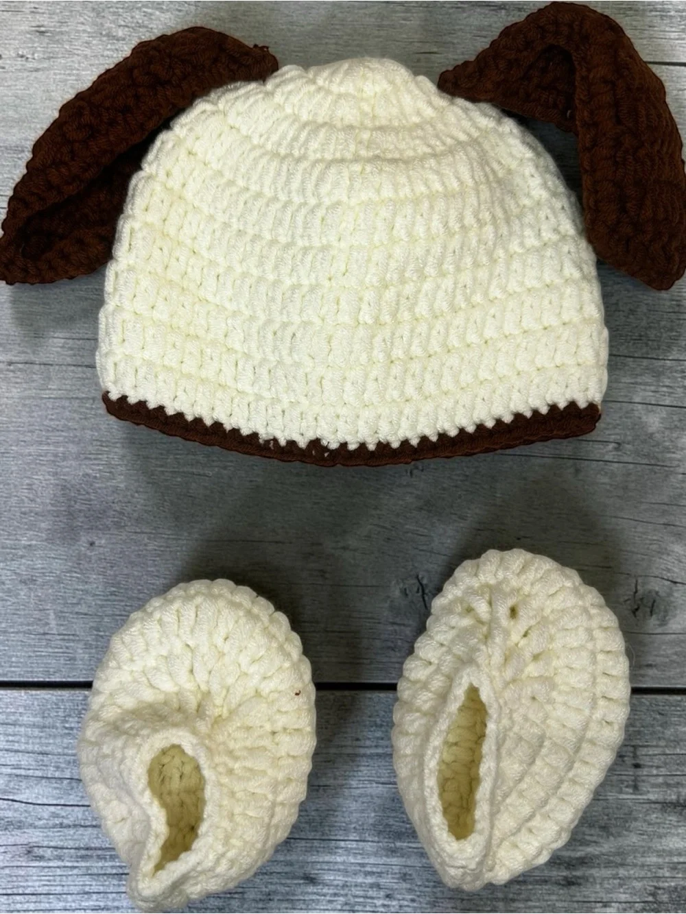 Handmade Crochet Newborn Puppy Dog Hat Booties Set Photo Prop Baby Costume